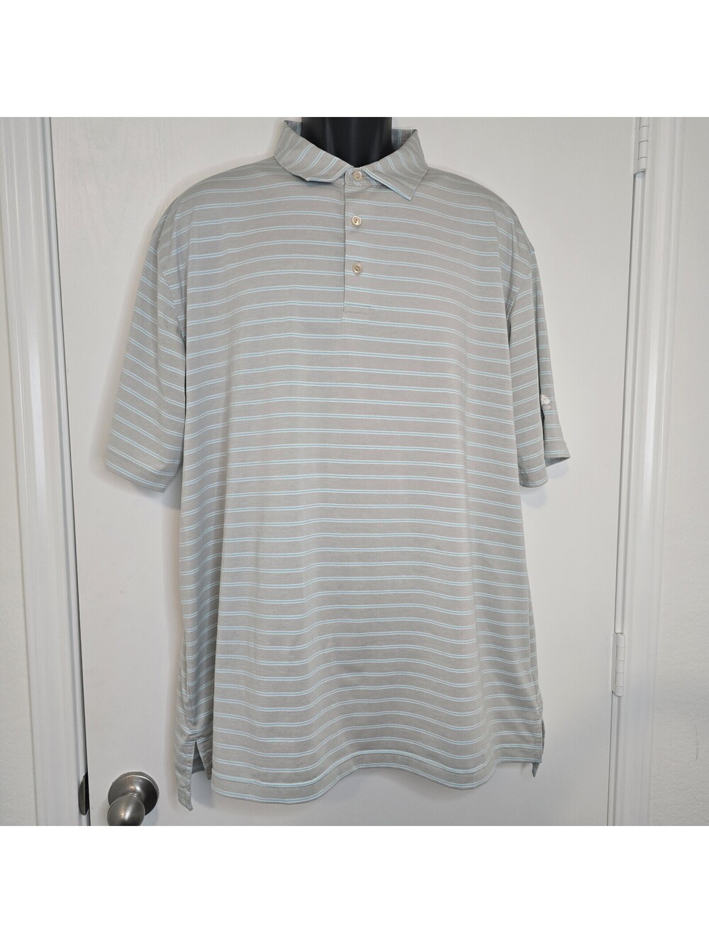 Peter Millar Summer Comfort Gray White Blue Striped Polo Shirt Size XL 50 Years